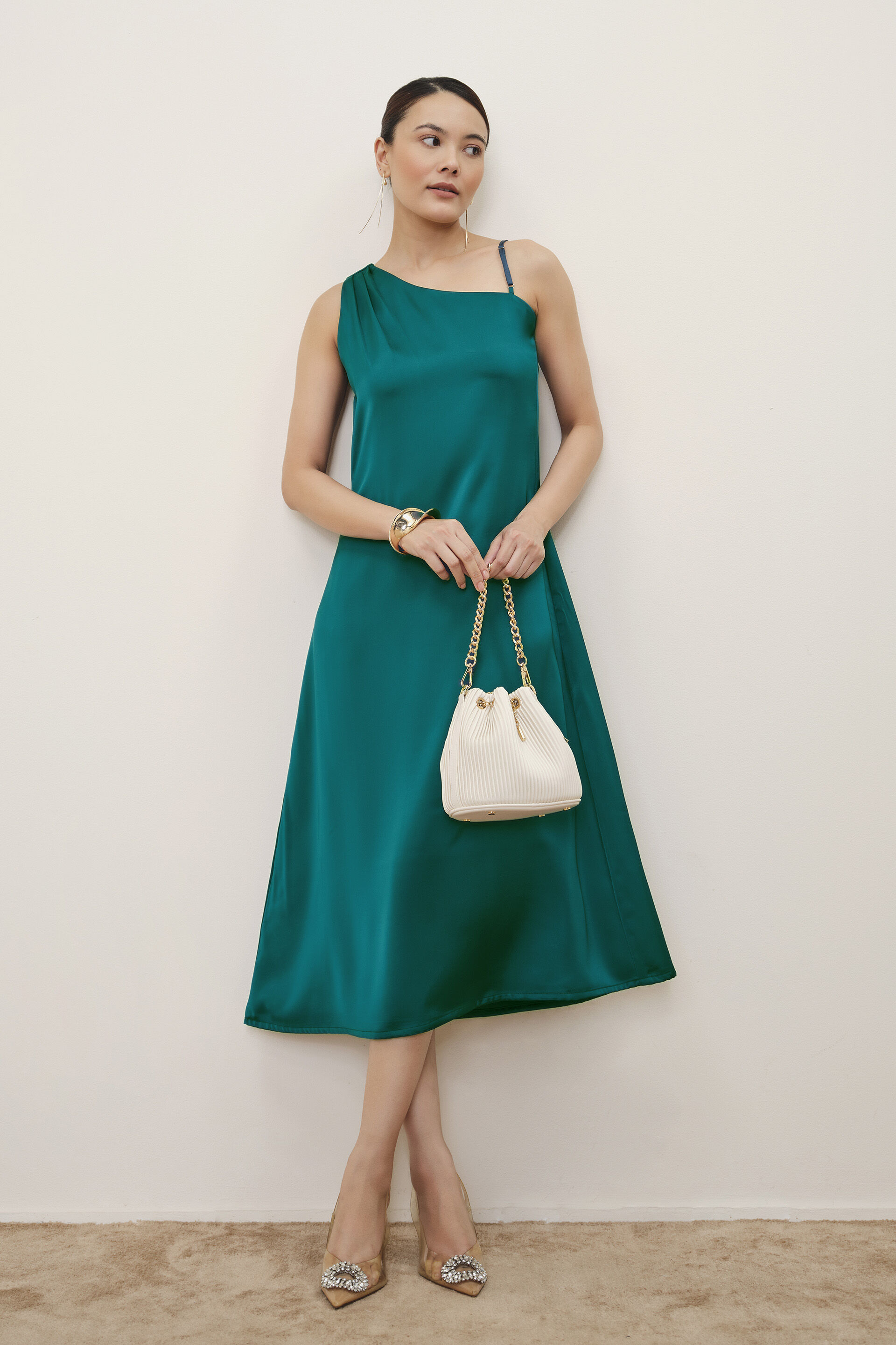 Teal One-Shoulder Satin Dress, Teal, image 3